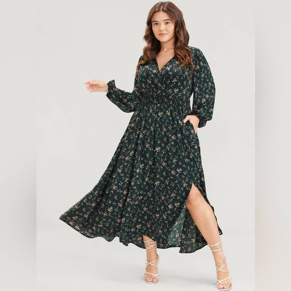 NWT Bloomchic Floral Pocket Lantern Sleeve Shirred Wrap Maxi Dress